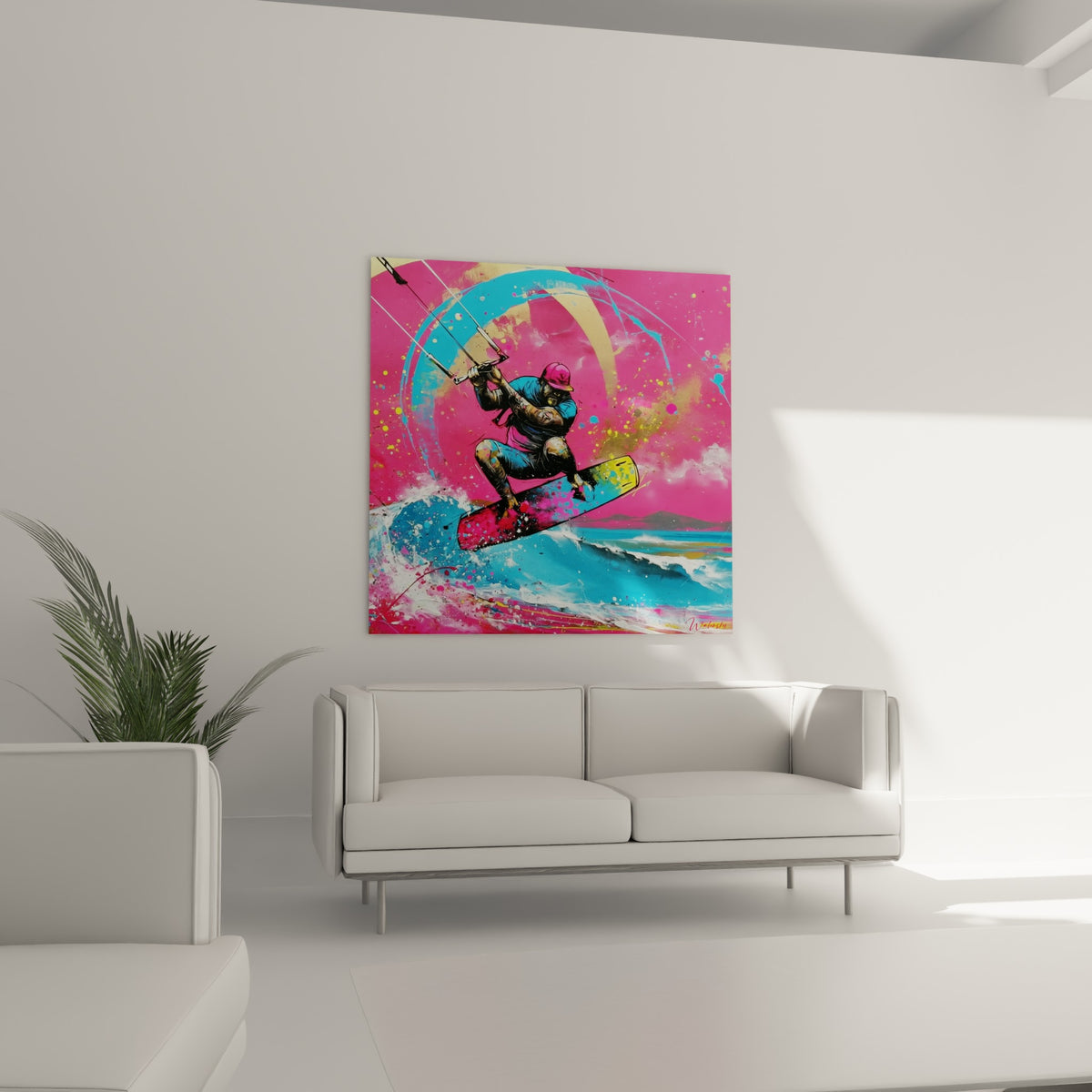 Sportif suspendu dans un saut spectaculaire, rose et turquoise éclatants, au-dessus d'un canapé dans un salon lumineux