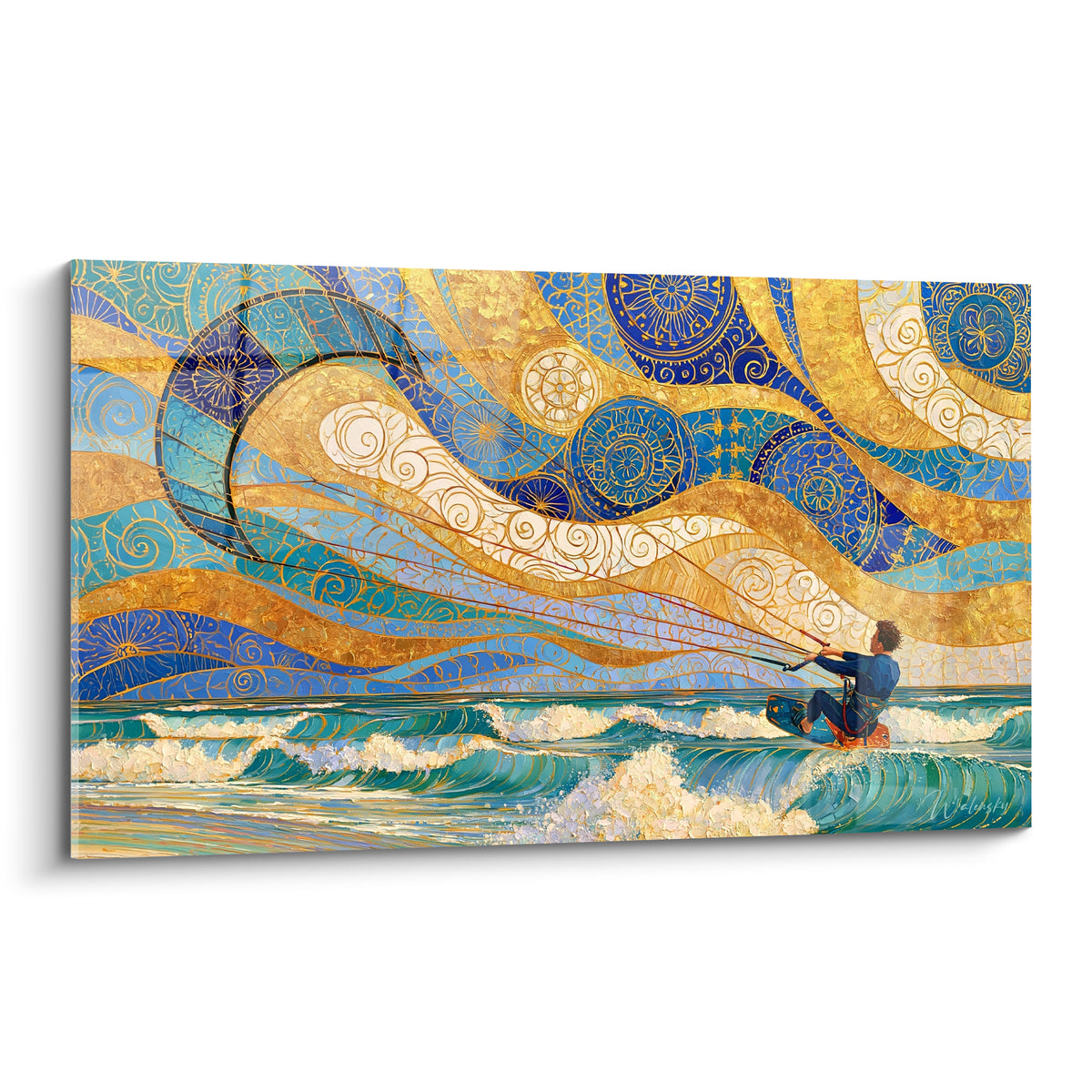 Kitesurfeur en combinaison bleu marine glissant sur des vagues turquoise sous un ciel doré mosaïque