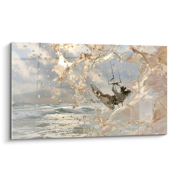 Tableau Kitesurfeur blanc et beige dans gerbe d'écume - Cheveux au vent - Edition Kite surf