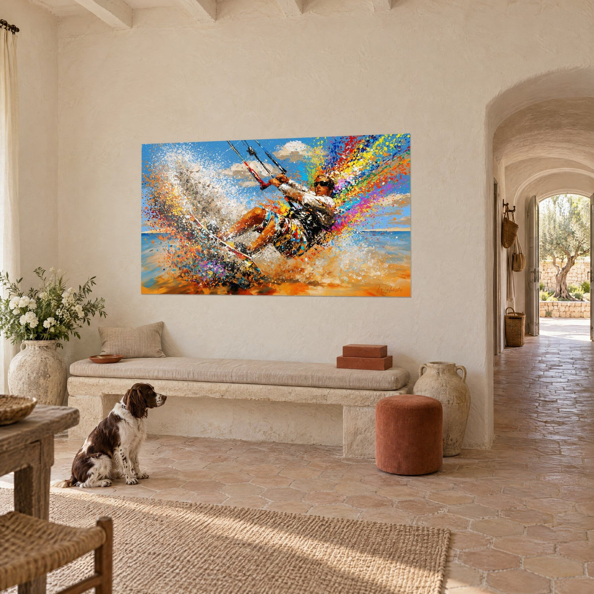 Tableau sportif accroché à sa barre de kite, éclaboussure arc-en-ciel rouge et violette, mas provençal, spaniel au sol