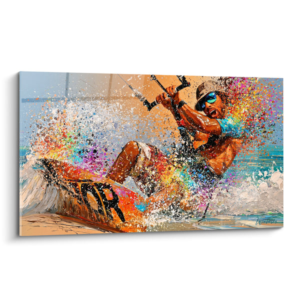 Tableau Kitesurfeur en éclaboussures turquoise et orange - Adrénaline marine - Edition Kite surf