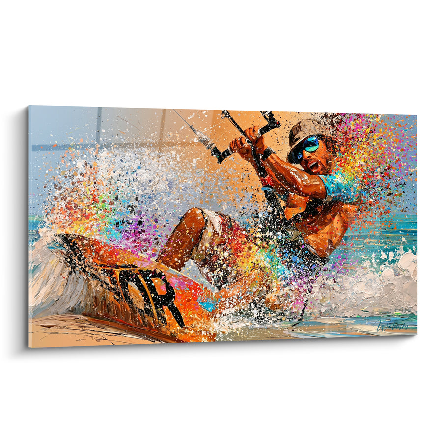 Tableau Kitesurfeur en éclaboussures turquoise et orange - Adrénaline marine - Edition Kite surf
