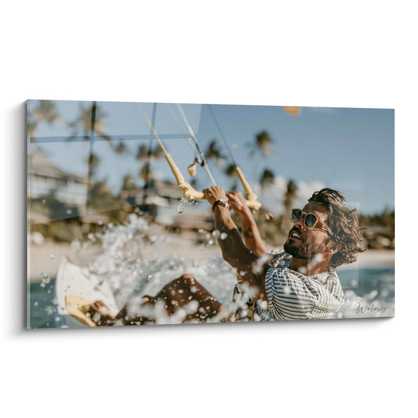 Tableau Kitesurfeur barbu éclaboussures bleues et blanches - Éclaboussure d'ivresse - Edition Kite surf