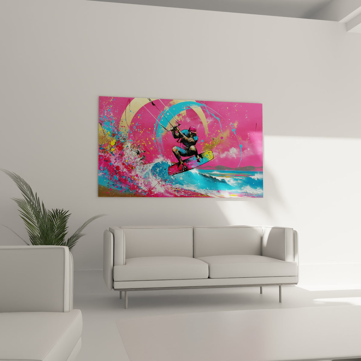 Silhouette de kitesurfeur en action, éclaboussures jaunes et bleues, au-dessus d'un canapé dans un salon lumineux