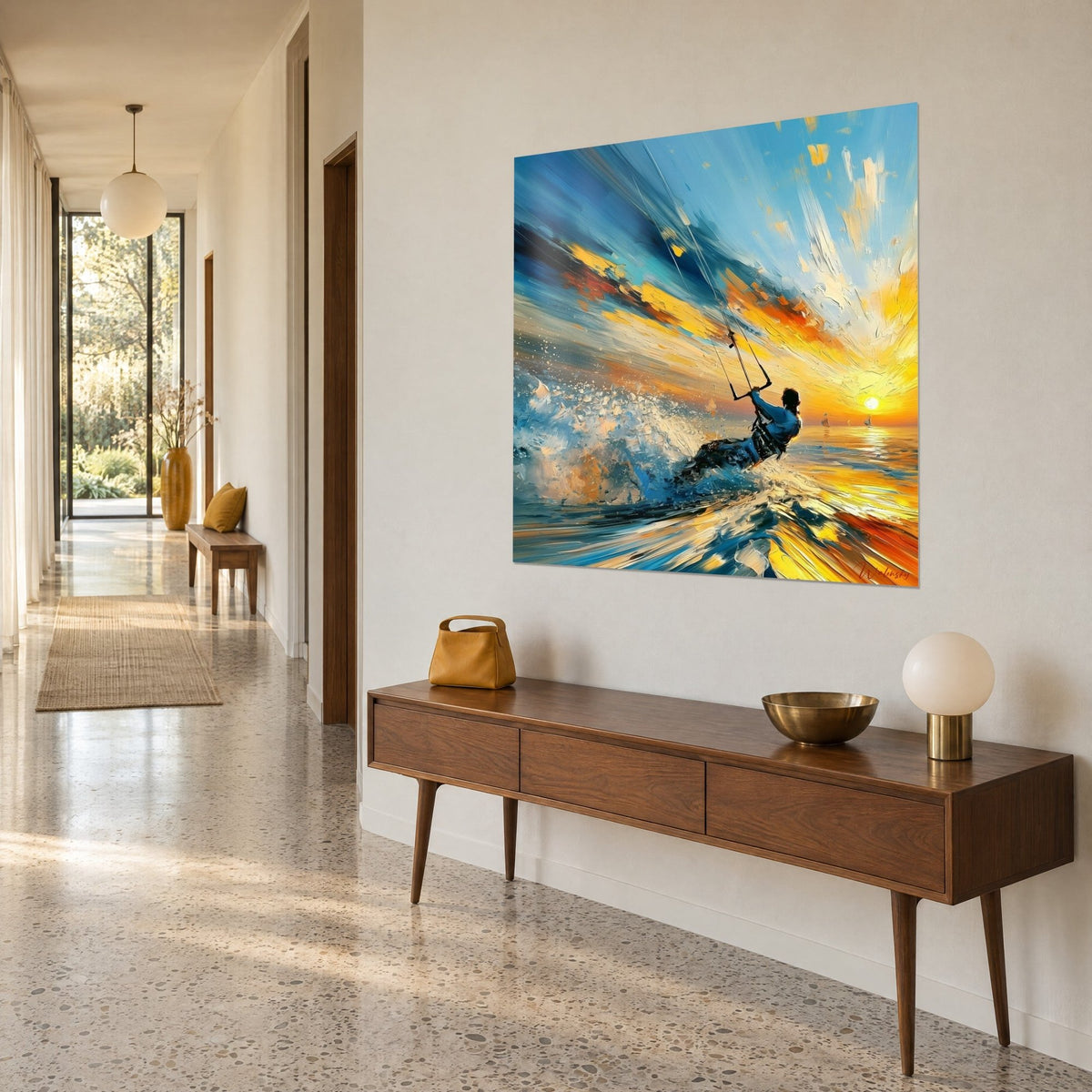 Tableau voile de traction tendue sur un soleil orange couchant, gerbe d'eau bleue en empâtements, console en bois, couloir clair