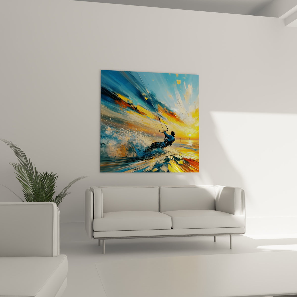 Planche fendant l'écume blanche sous un ciel orangé flamboyant, au-dessus d'un canapé dans un salon lumineux