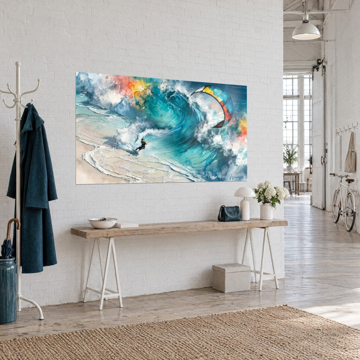 Tableau surfeur à voile tracté devant un rouleau bleu profond, plage beige striée d'écume, vue de trois-quarts dans un loft d'artiste