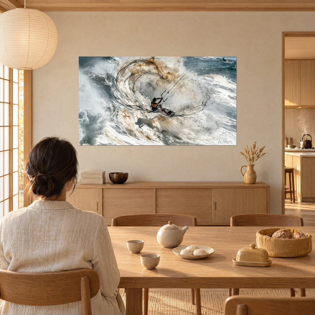 Tableau chevauchée dans l'écume, kiter en short clair au cœur d'une vague tourbillonnante gris-bleu et sable, femme de dos devant sa table de salle à manger