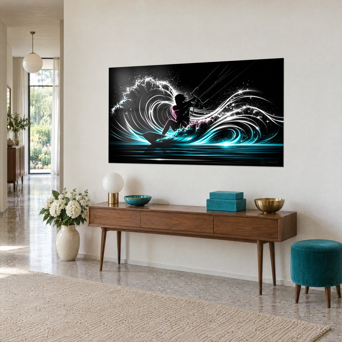 Wall art of an athlete riding the turquoise blue and white wave of light on a black background, seen three-quarters above a wooden console
