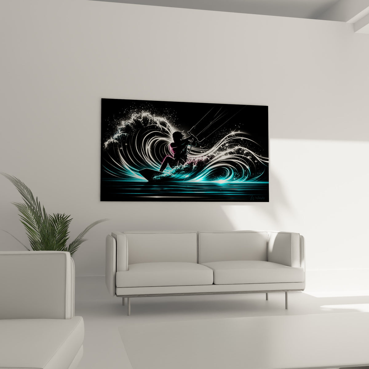 Silhouette sportive noire entourée d'embruns lumineux bleu turquoise, au-dessus d'un canapé dans un salon lumineux
