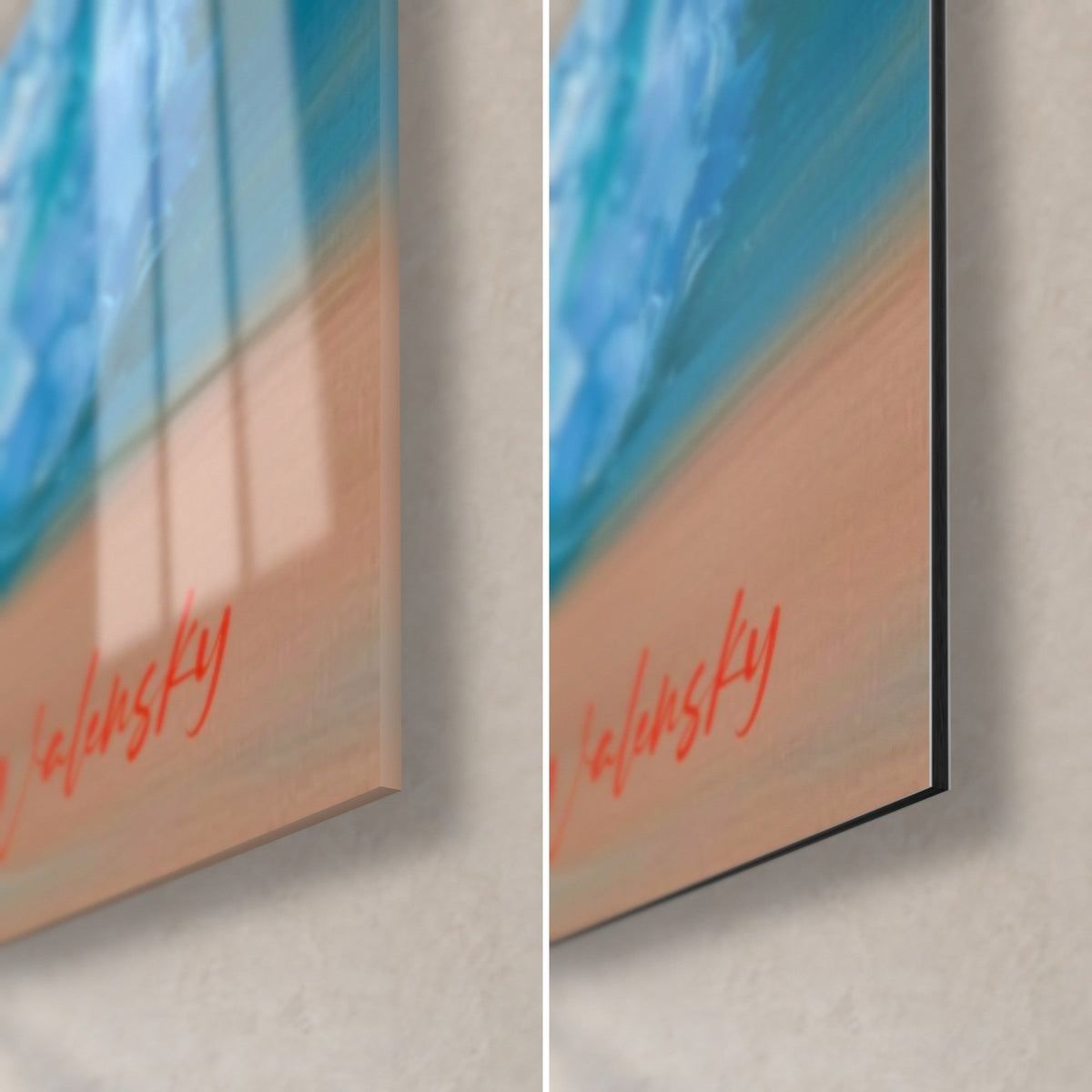Tableau kitesurf peint à l'huile, coin bas droit orange et turquoise, signature rouge Walensky, verre brillant et Dibond mat