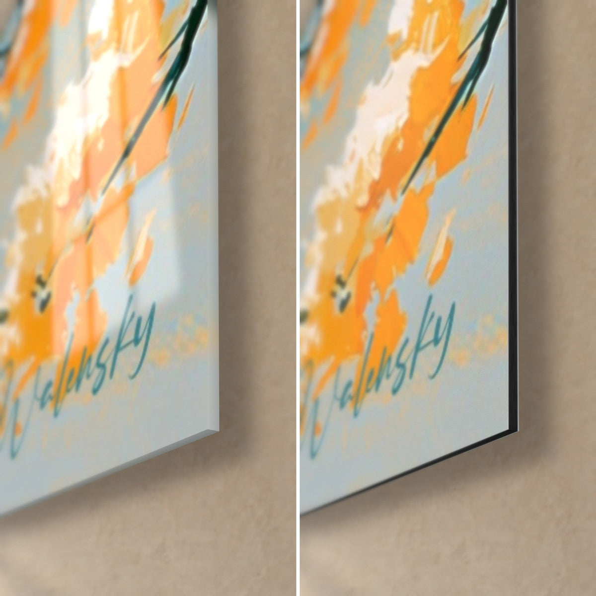 Wall art kite surf jumper, orange blossoms and midnight-blue foliage, bottom right corner in glossy glass and matte Dibond, 3 mm edge