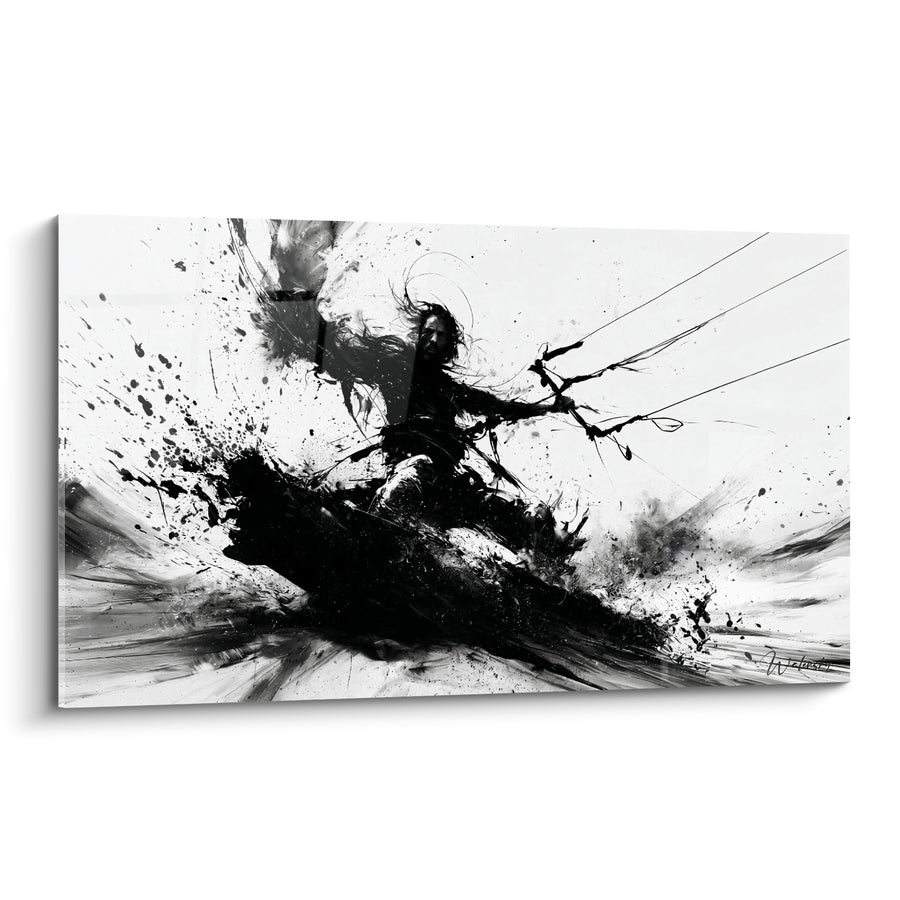 Tableau Kitesurfeur noir et blanc en encre projetée - Cheveux longs au vent - Edition Kite surf