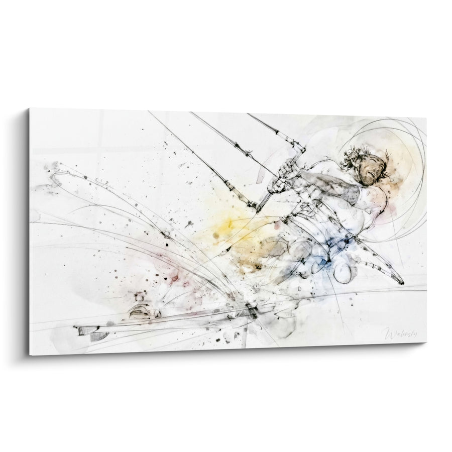 Tableau Kitesurfeur croquis jaune pâle et bleu délavé - Esquisse au crayon - Edition Kite surf