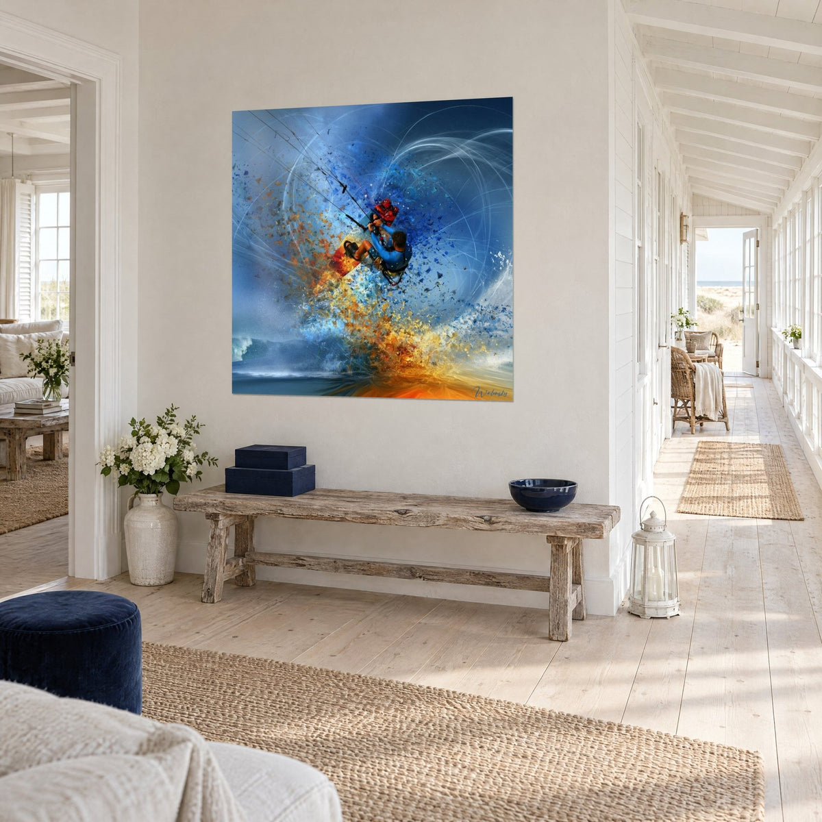Wall art windsurfer taking flight, red and yellow board, white line trails on a blue background, seen three-quarter view in a hallway