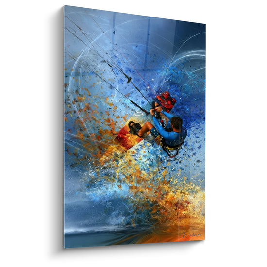 Tableau Kitesurfeur bleu et orange en explosion de fragments - Cercle blanc traceur - Edition Kite surf