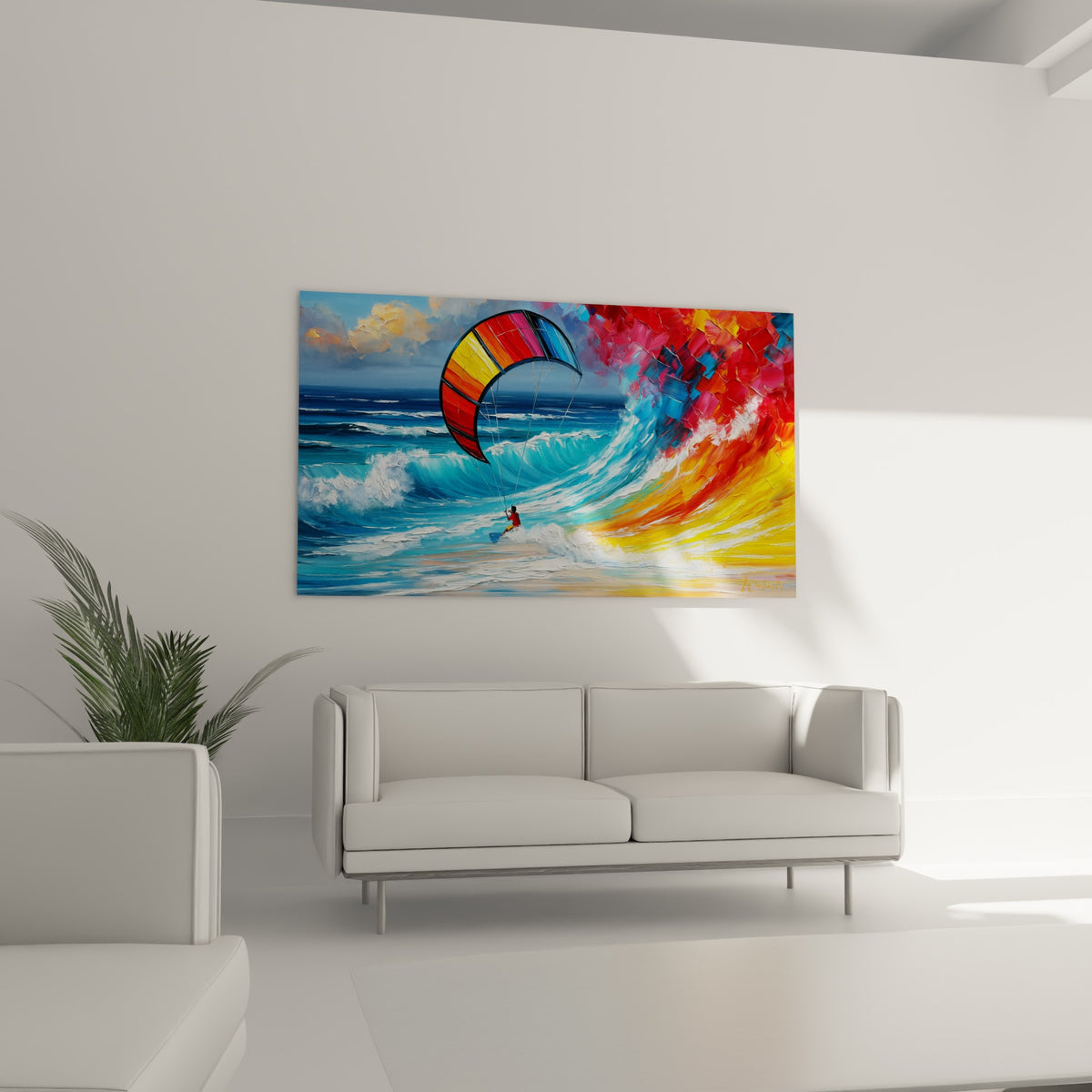 Aile multicolore tendue au-dessus des flots bleu et orange, au-dessus d'un canapé dans un salon lumineux.