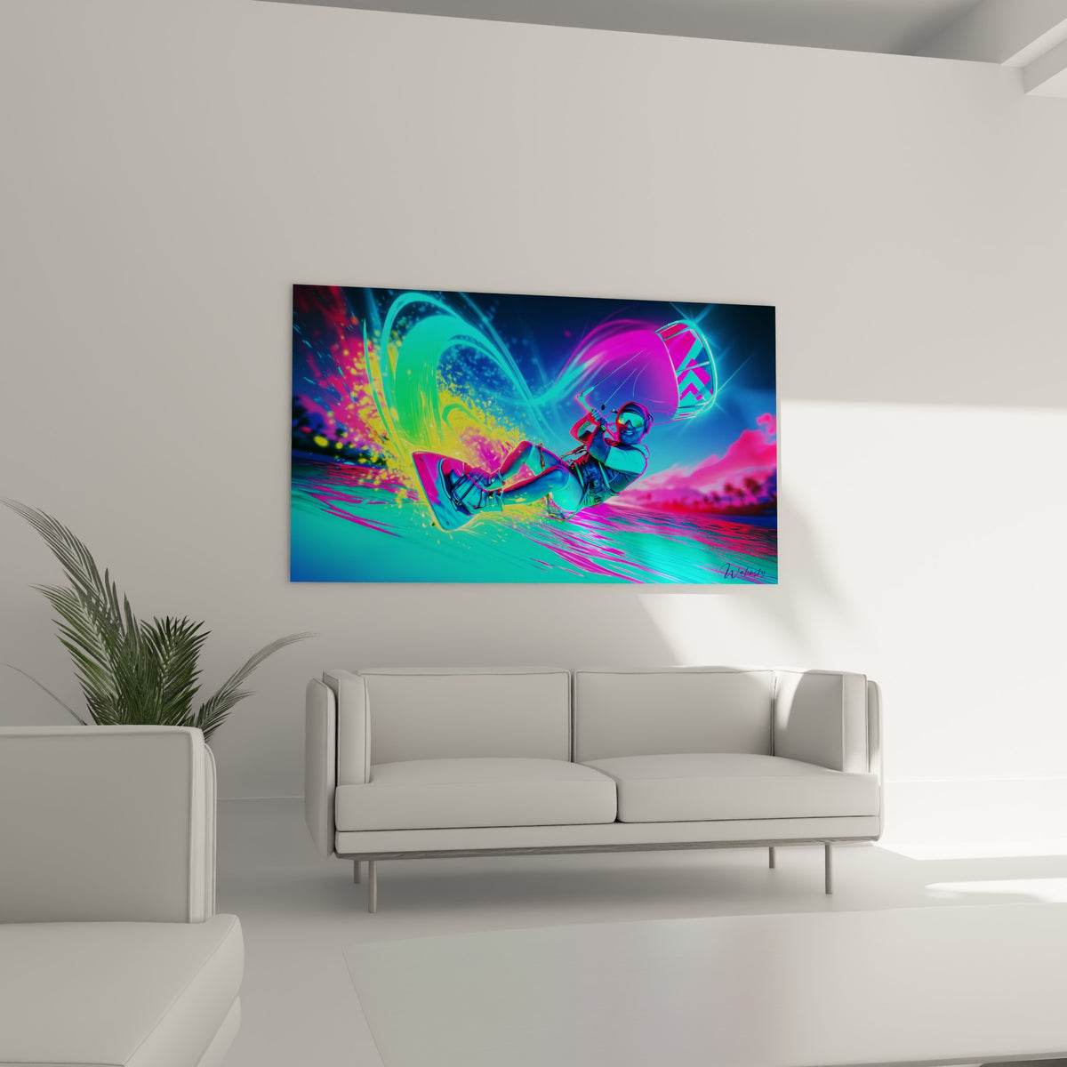 Silhouette sportive entourée de projections turquoise et rose vif, au-dessus d'un canapé dans un salon lumineux