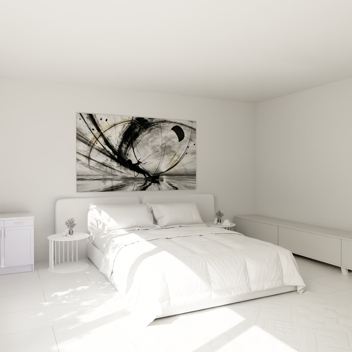 Silhouette de kitesurfeur noire filant sur fond gris tourbillonnant, au-dessus d'un lit dans une chambre claire