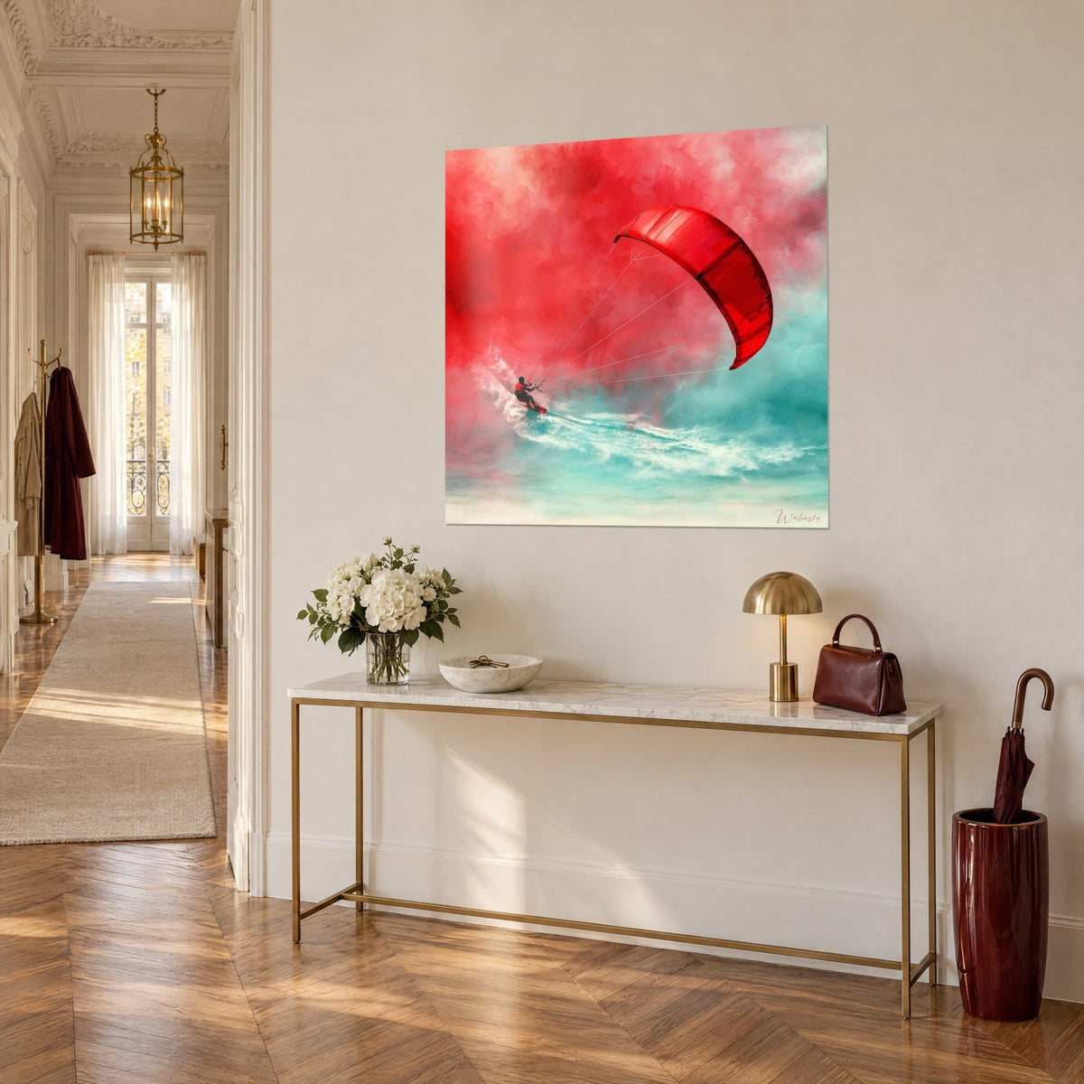 Tableau aile de kite écarlate gonflée par le vent, vague blanc et turquoise, vue de trois-quarts sur une console dorée
