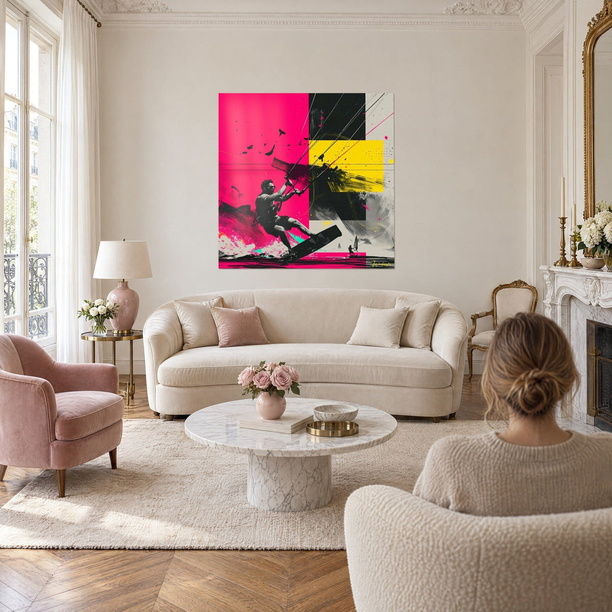 Wall art of a kitesurfer in black sunglasses holding his bar on a fuchsia and lemon yellow background, above a sofa in a bright living room