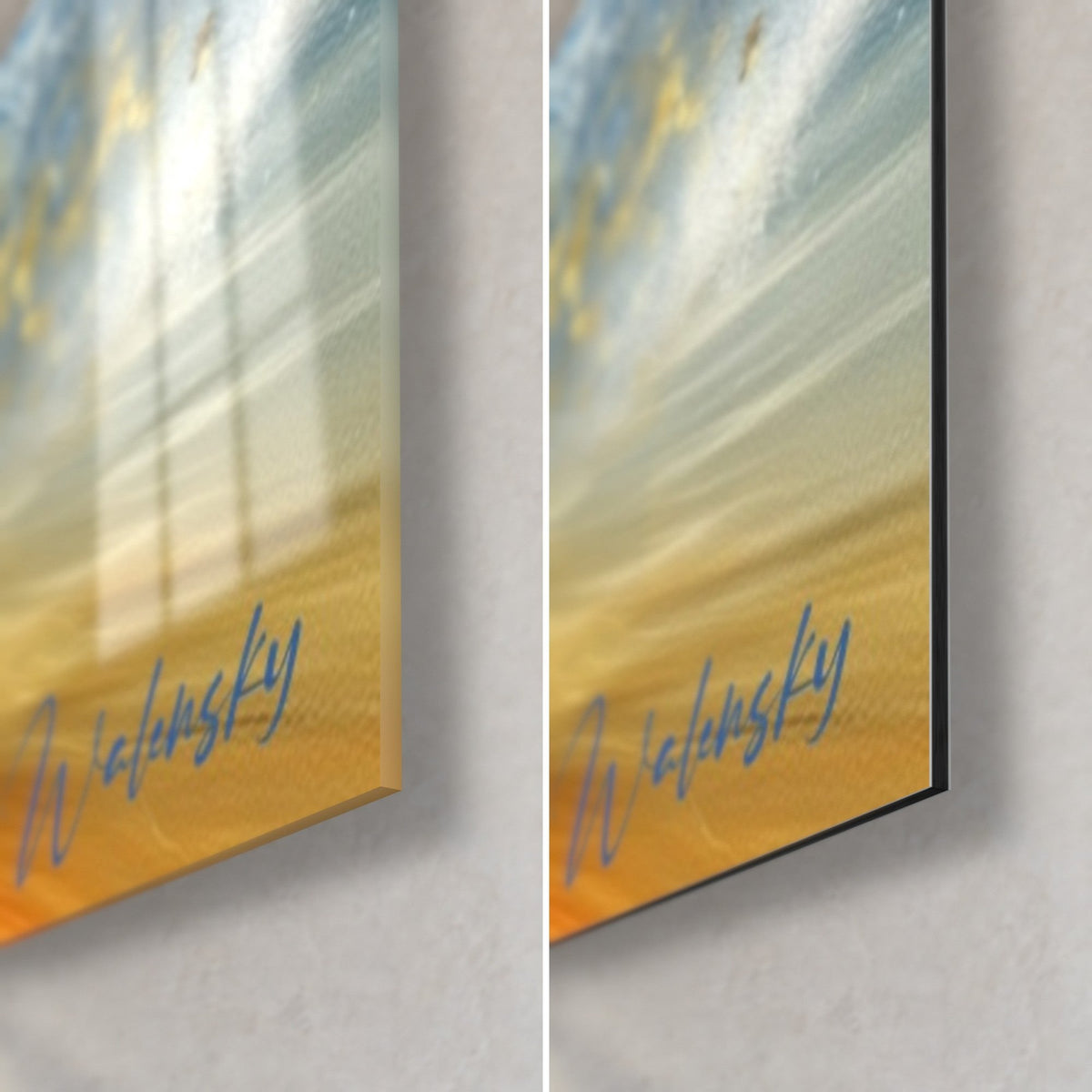 Wall art dynamic kite jump, Walensky signature, glossy glass corner at bottom right catching the light and matte Dibond