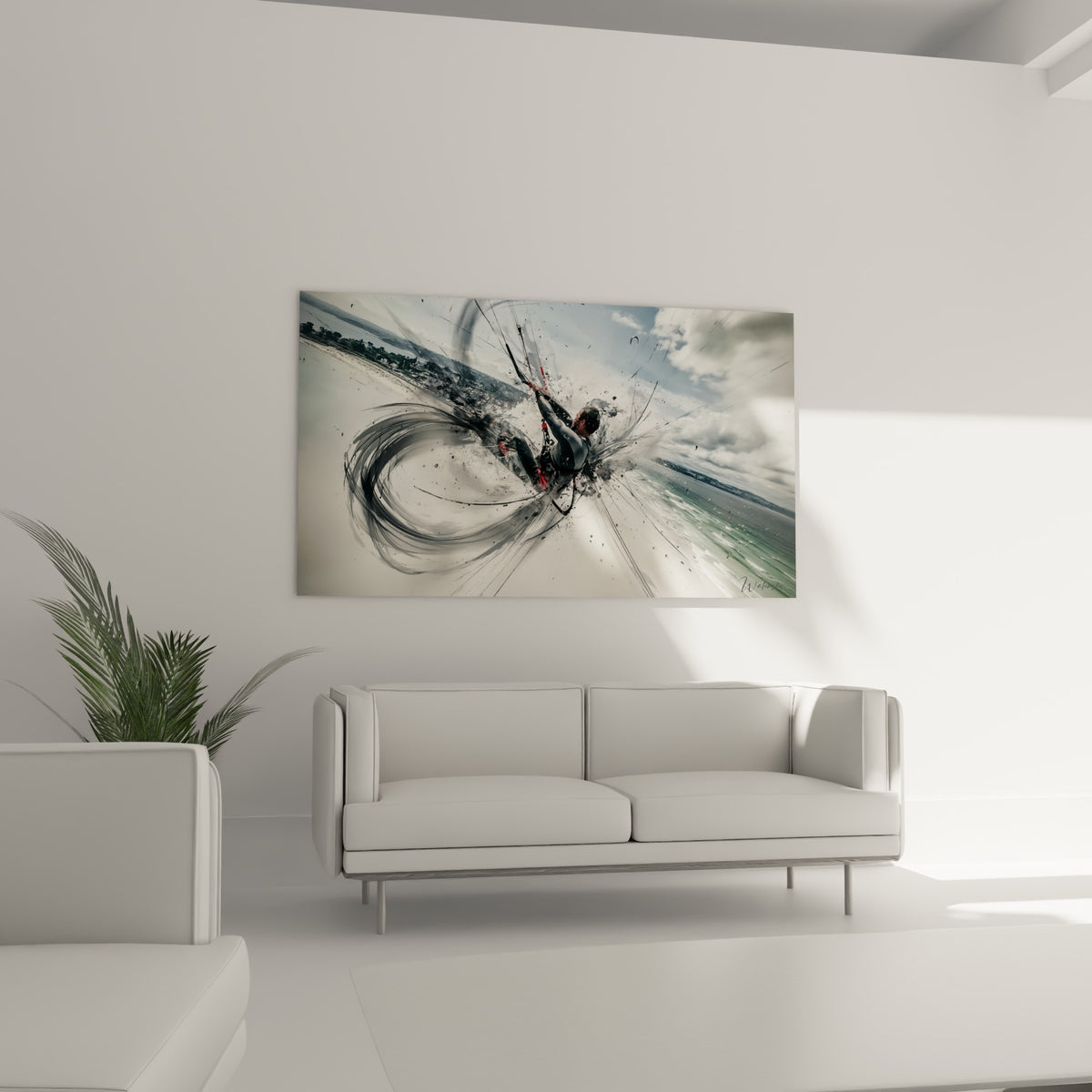 Sportif de kitesurf figé dans un tourbillon d'encre grise et touches rouges, au-dessus d'un canapé dans un salon lumineux