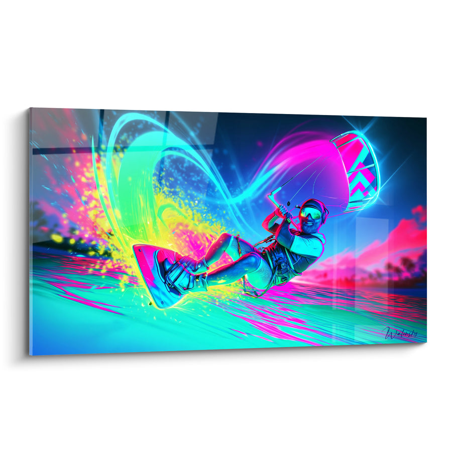 Tableau Kitesurfeur turquoise et magenta sur vague électrique - Vitesse électrique - Edition Kite surf