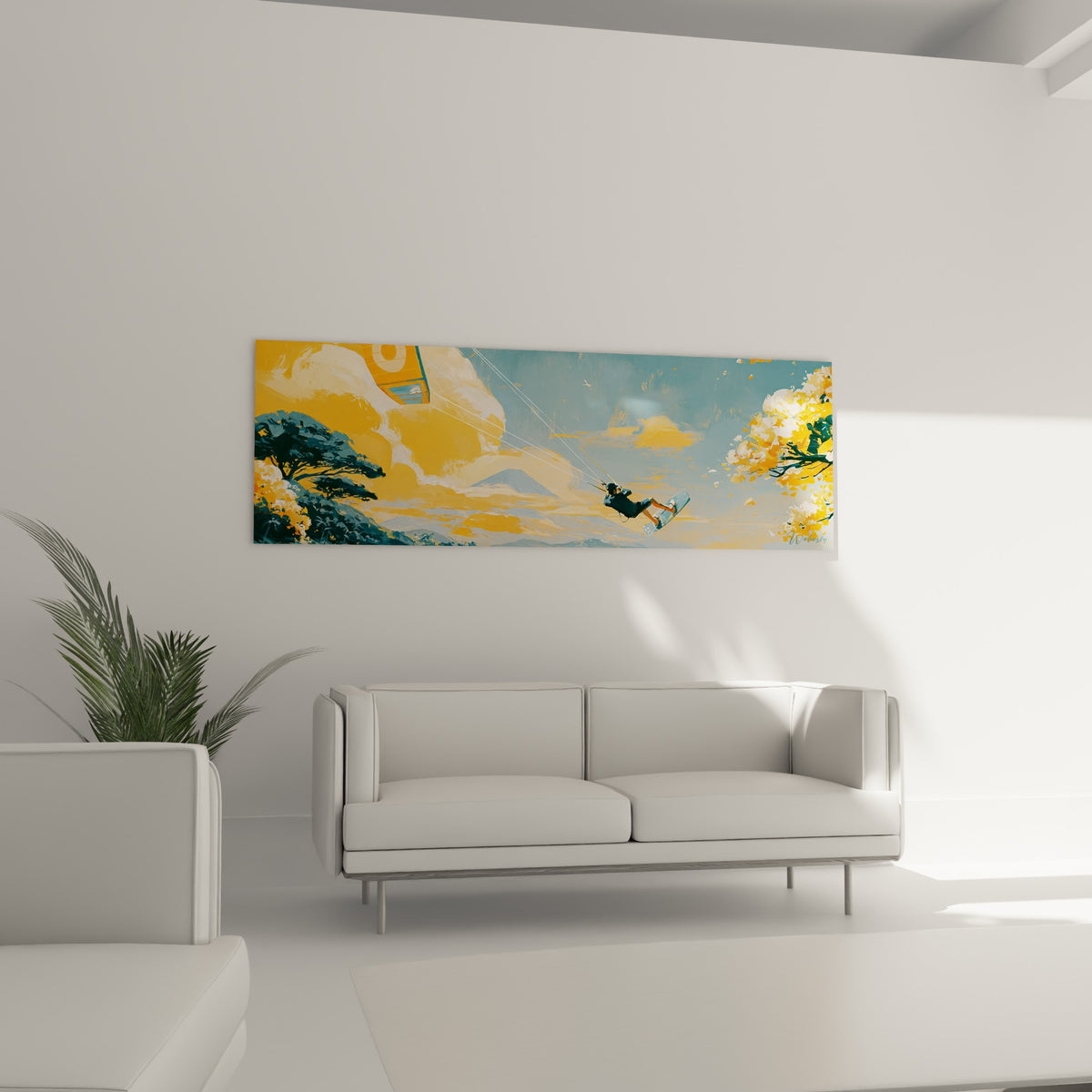 Nuages dorés et lignes tendues du kitesurfeur, tableau installé au-dessus d'un canapé dans un salon lumineux