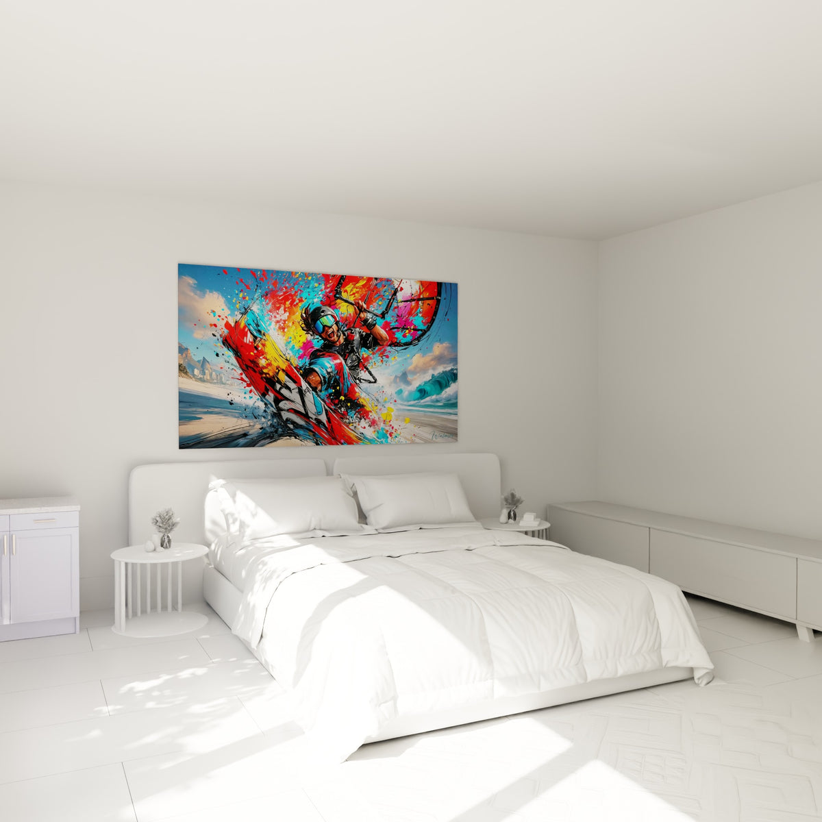 Kite surfeur éclaboussé de rouge et jaune vif au-dessus d'un lit dans une chambre claire