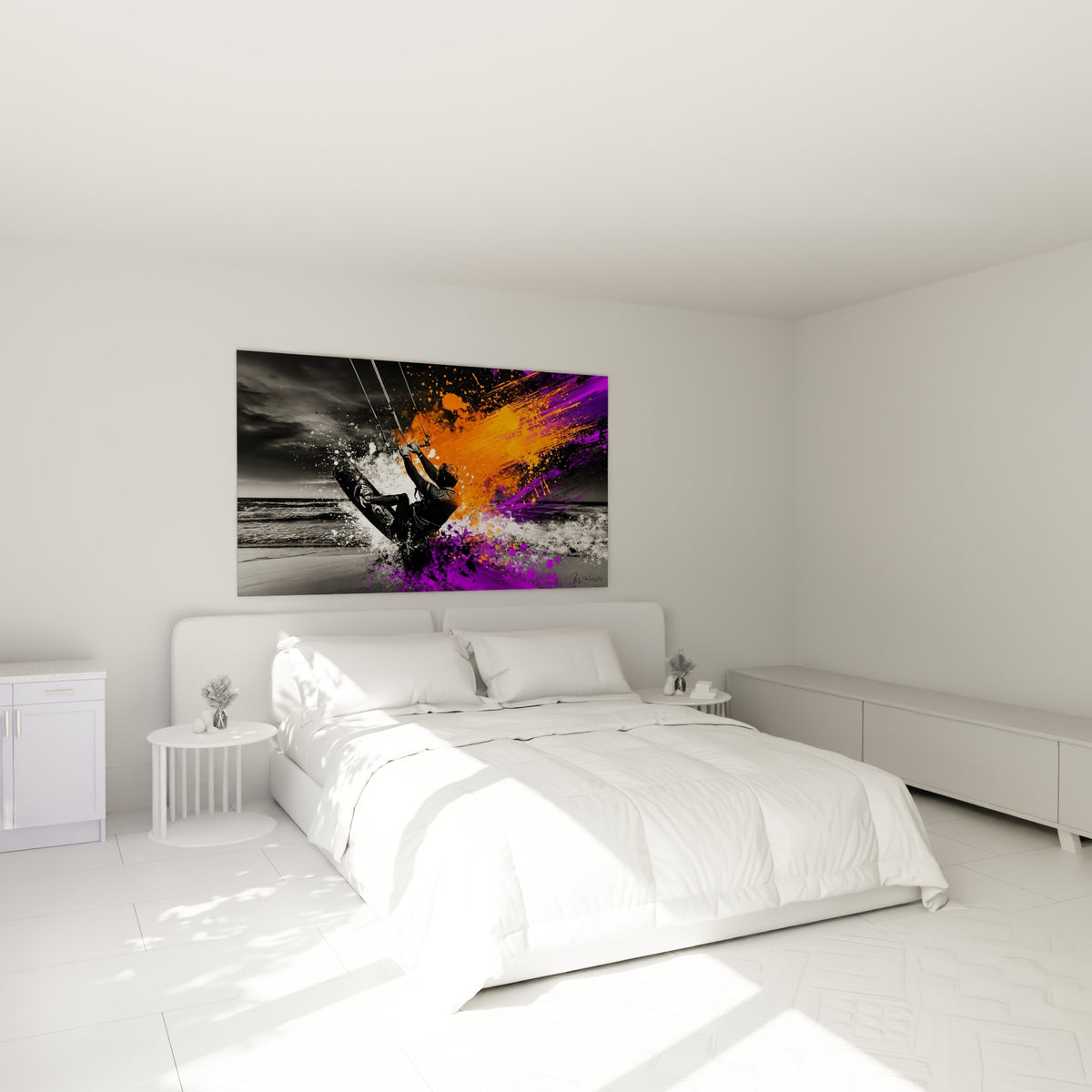 Sportif en kitesurf saisi entre nuances anthracite et orange, au-dessus d'un lit dans une chambre claire