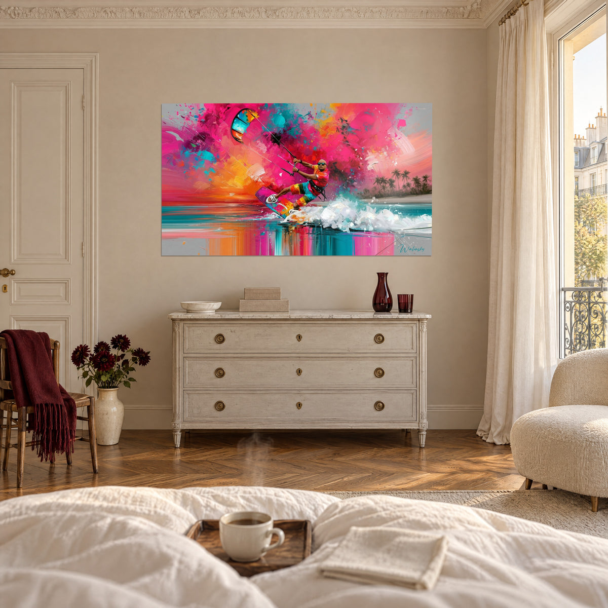 Wall art purple kiteboard slicing through a wave of white foam, orange and pink sky, above a bed in a light bedroom