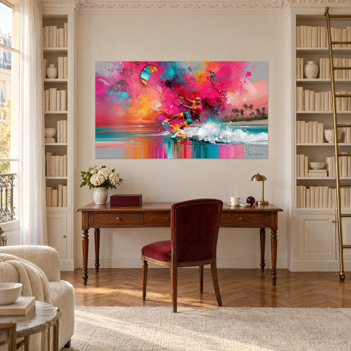 Wall art nautical adventure at sunset, fuchsia and yellow paint splashes, palm trees on the shore, above a wooden desk