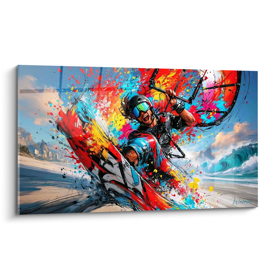 Tableau Rider explosion rouge et turquoise éclatante - Montée d'adrénaline - Edition Kite surf