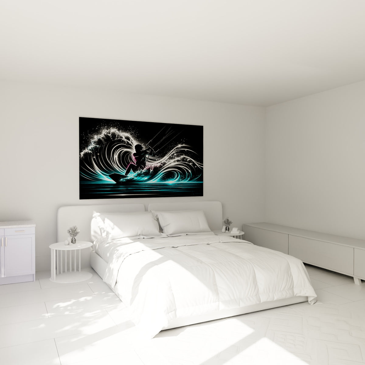 Rider en contre-jour noir traversé de lumières turquoise et roses, accroché au-dessus d'un lit dans une chambre claire