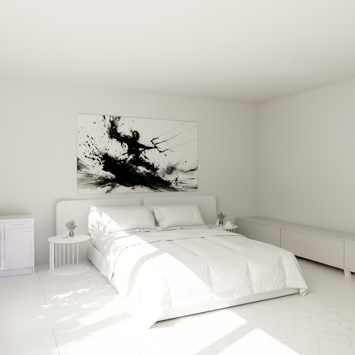 Rider capturé en pleine traction du kite, noir dense et blanc pur, au-dessus d'un lit dans une chambre claire