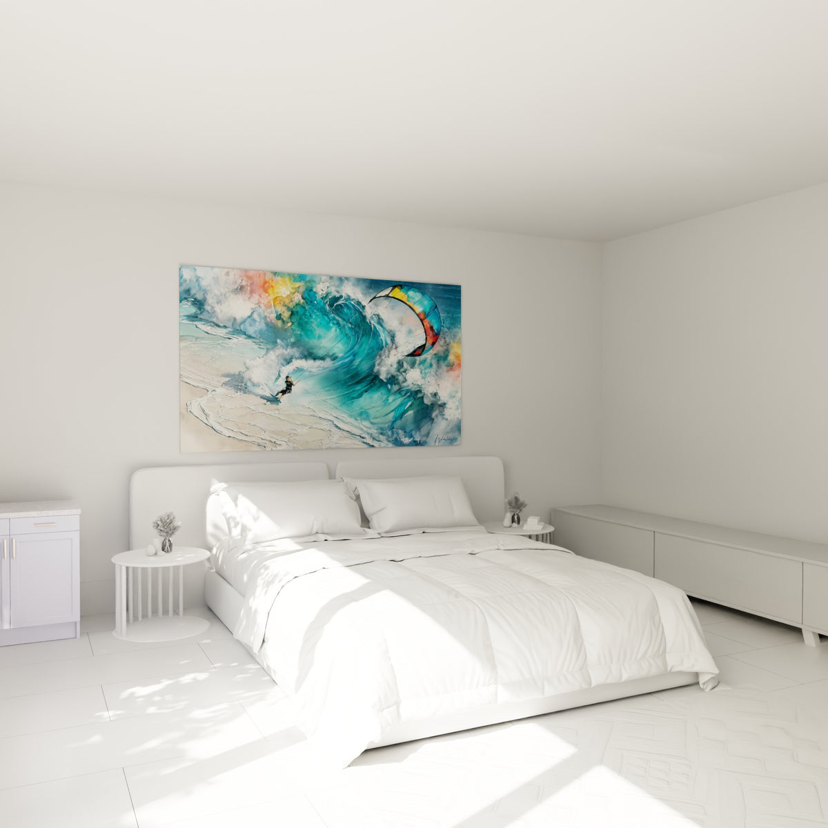 Rider tiré par une voile jaune et orangé face à une vague bleu turquoise, au-dessus d'un lit dans une chambre claire.