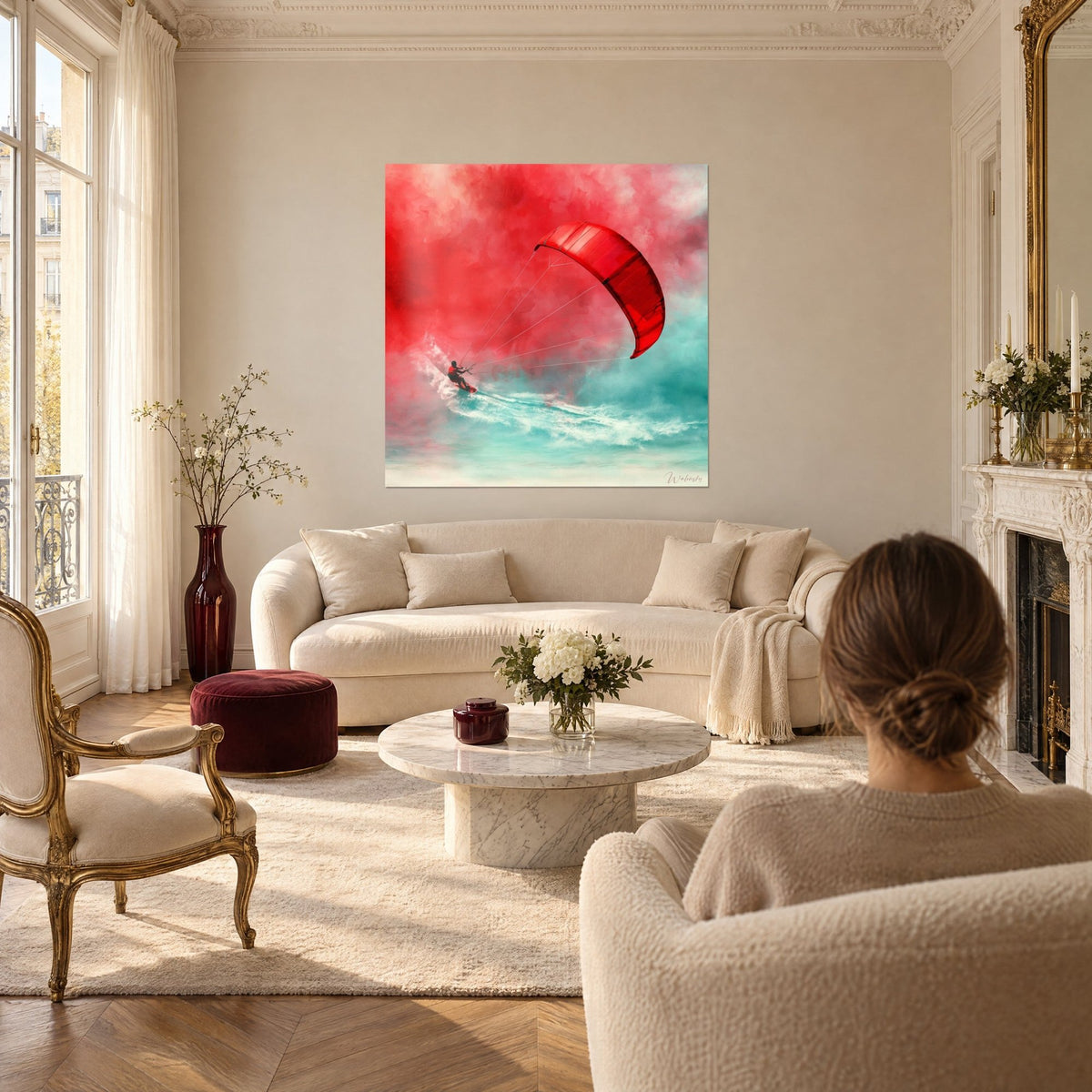 Tableau kitesurfeur filant sous une voile rouge vif, écume turquoise et ciel carmin, au-dessus d'un canapé dans un salon lumineux