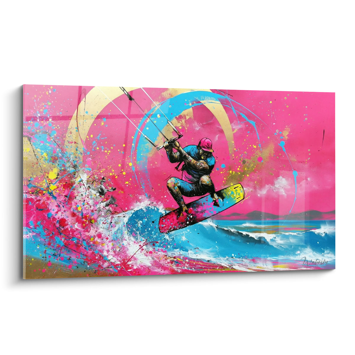 Kitesurfeur bondissant en rose et bleu turquoise, éclaboussures dorées sur fond fuchsia intense