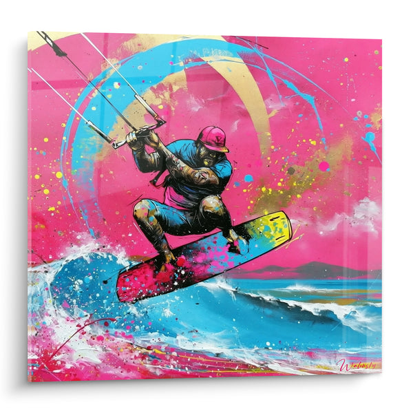Tableau Kitesurfeur rose et bleu vibrant - Saut en apesanteur - Edition Kite surf