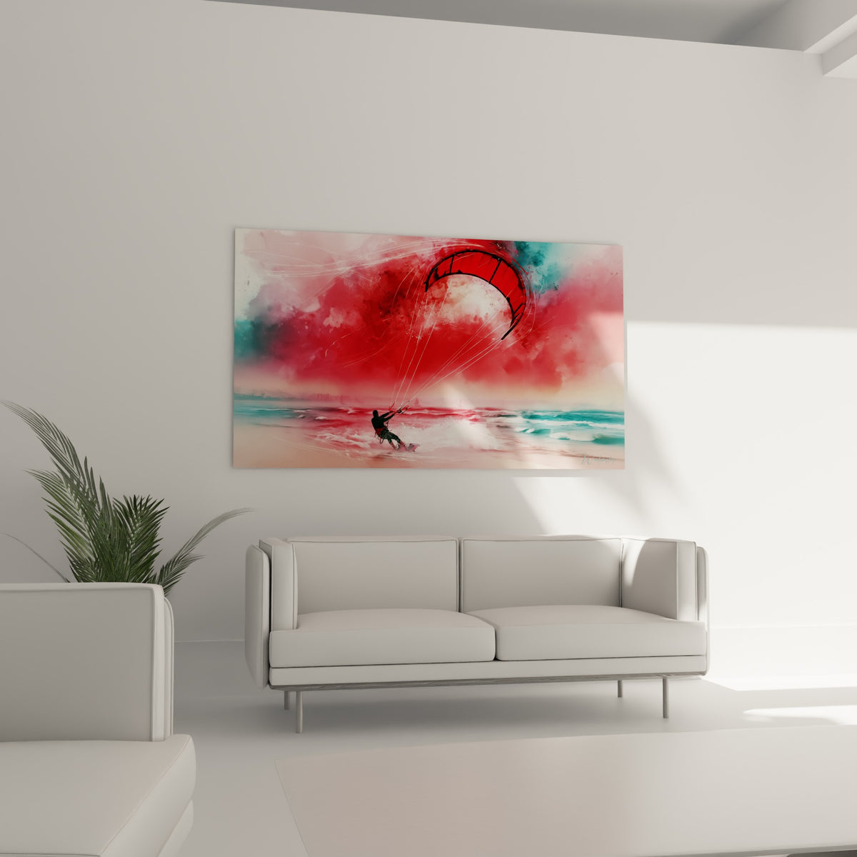 Vagues sarcelle et voile rouge du tableau kite surf suspendues au-dessus d'un canapé dans un salon lumineux