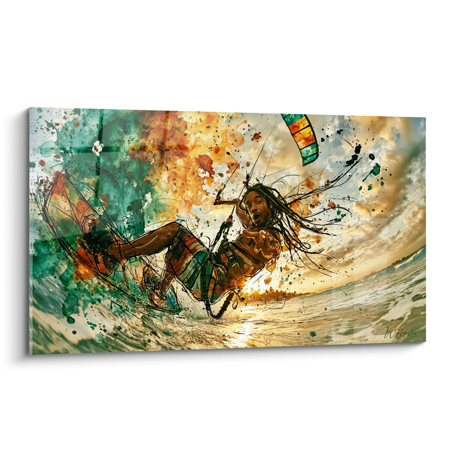 Tableau Kitesurfeur dreadlocks vert et orange en éclaboussures - Cheveux au vent tressés - Edition Kite surf