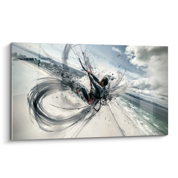 Tableau Kitesurfeur suspendu entre traits gris et rouge - Envol vertigineux - Edition Kite surf