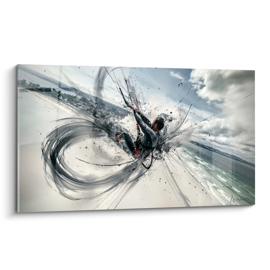 Tableau Kitesurfeur suspendu entre traits gris et rouge - Envol vertigineux - Edition Kite surf