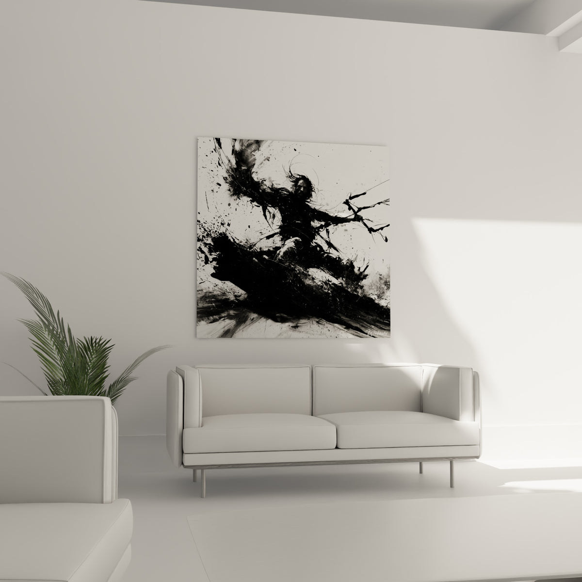 Silhouette sombre projetée dans le vent, tableau noir et blanc au-dessus d'un canapé dans un salon lumineux