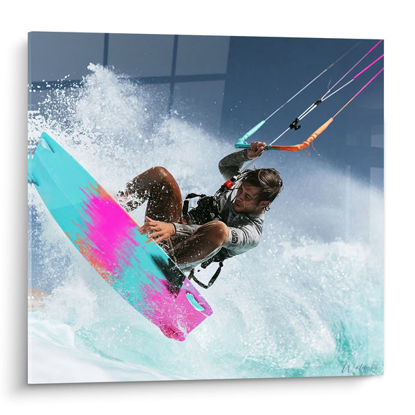 Tableau Kitesurfeur planche turquoise et rose fuchsia - Envol au-dessus des flots - Edition Kite surf