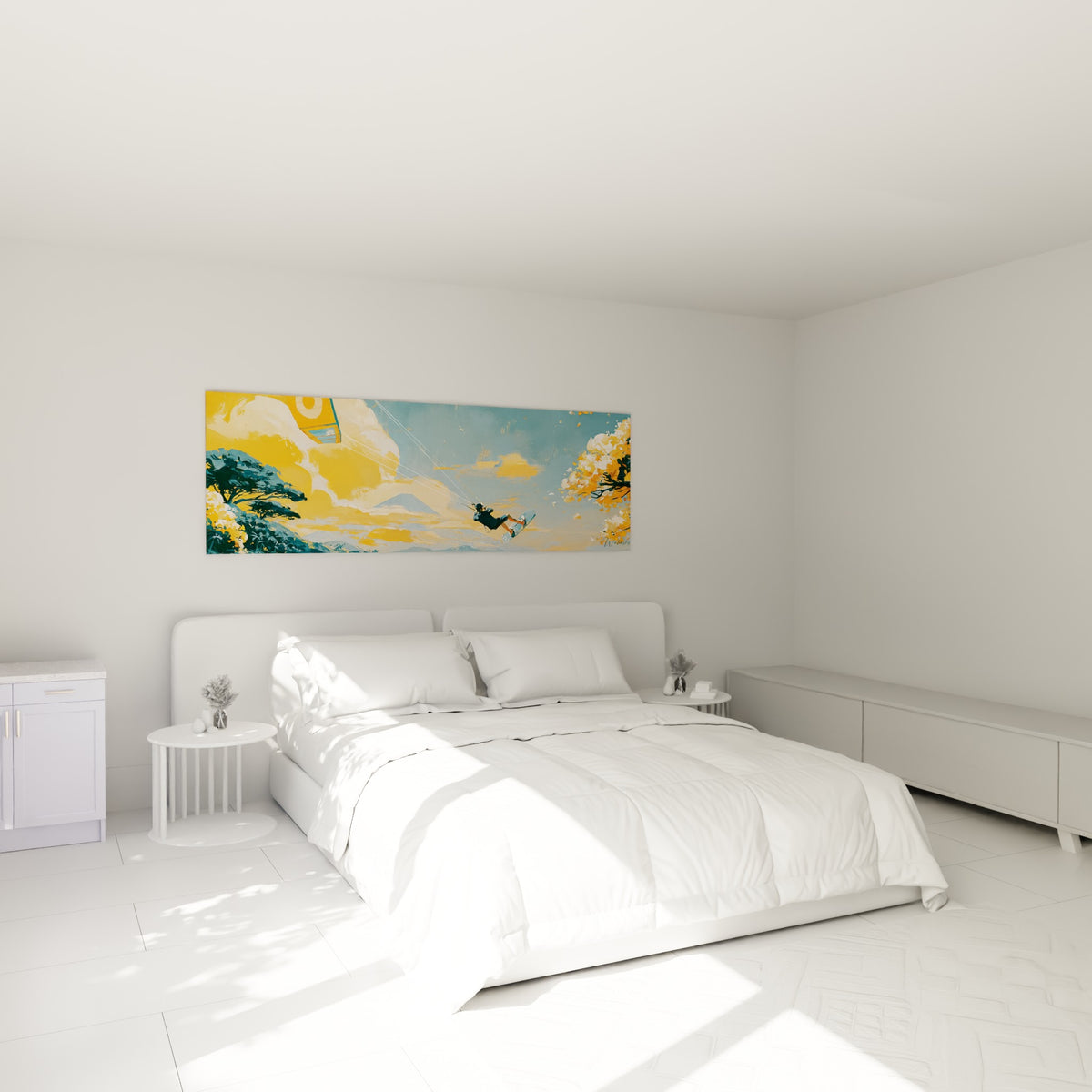 Voile orange et silhouette bleu marine du kitesurfeur, accrochées au-dessus d'un lit dans une chambre claire