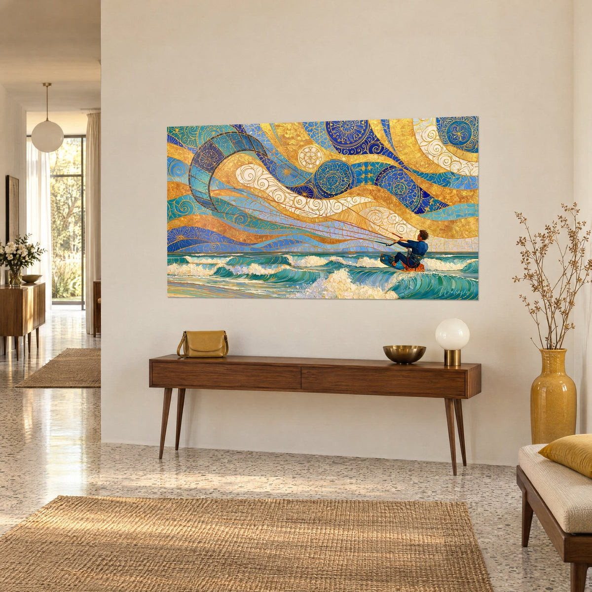 Gemälde eines Kite-Schirms mit indigoblauen Mandalas und cremefarbenen Arabesken, schäumende türkisfarbene Wellen, an einer beigen Wand über einer Holzkonsole