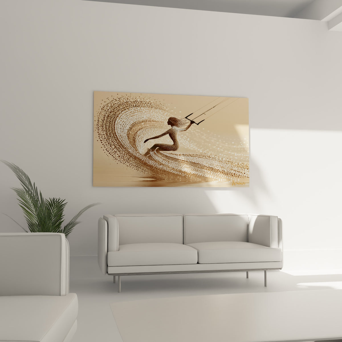 Kite surf doré et vague sable en pleine glisse au-dessus d'un canapé dans un salon lumineux