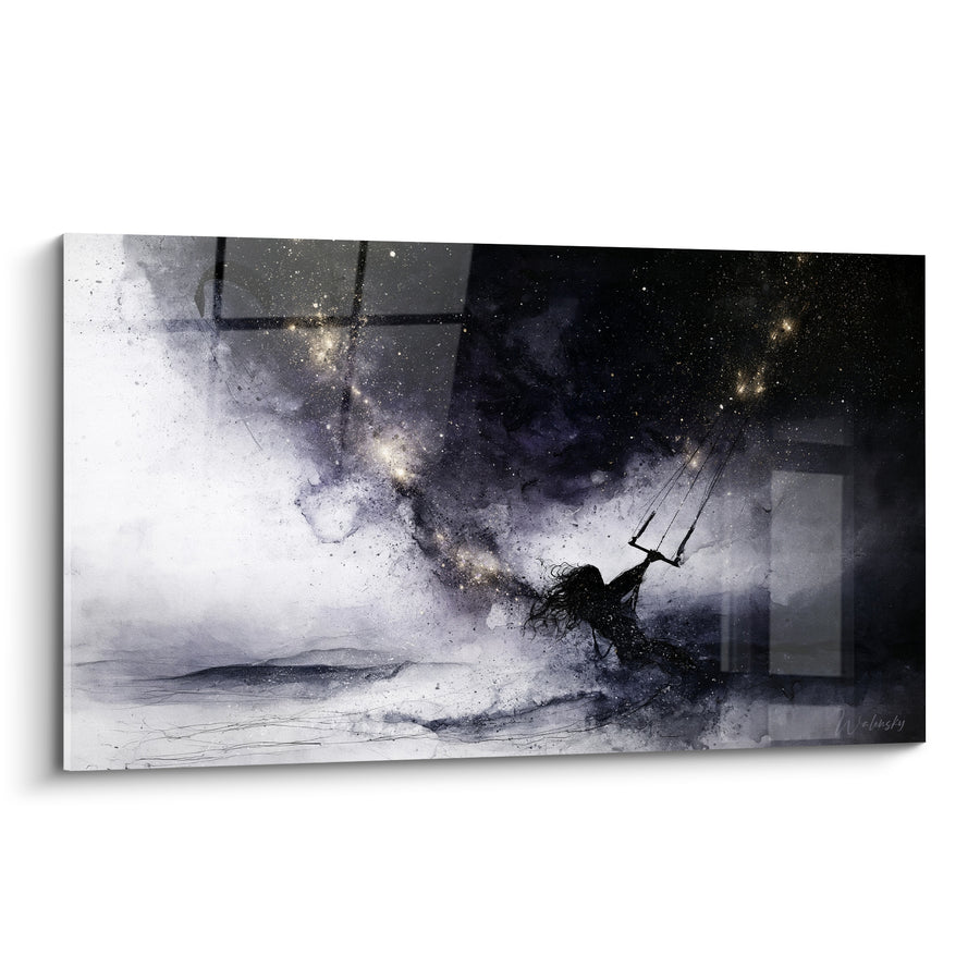 Tableau Kitesurfeur silhouette noire et dorée sur voile étoilée - Poussière d'étoiles scintillante - Edition Kite surf